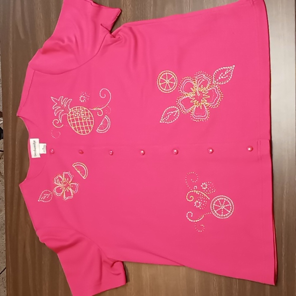 Breckenridge Pink Full Button Blouse w Embroidered Embellishments XL